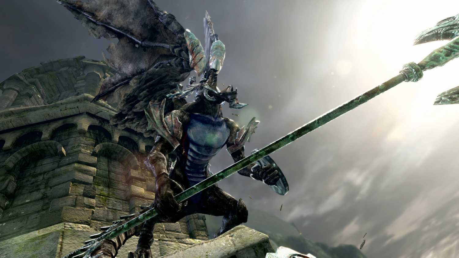An image from Dark Souls Remastered, showing a single-winged creature wielding a huge halberd.