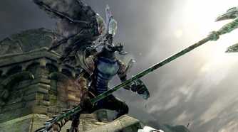 An image from Dark Souls Remastered, showing a single-winged creature wielding a huge halberd.