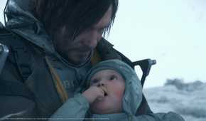 An image from the game Death Stranding 2: On The Beach, showing Sam and a baby.