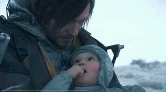 An image from the game Death Stranding 2: On The Beach, showing Sam and a baby.