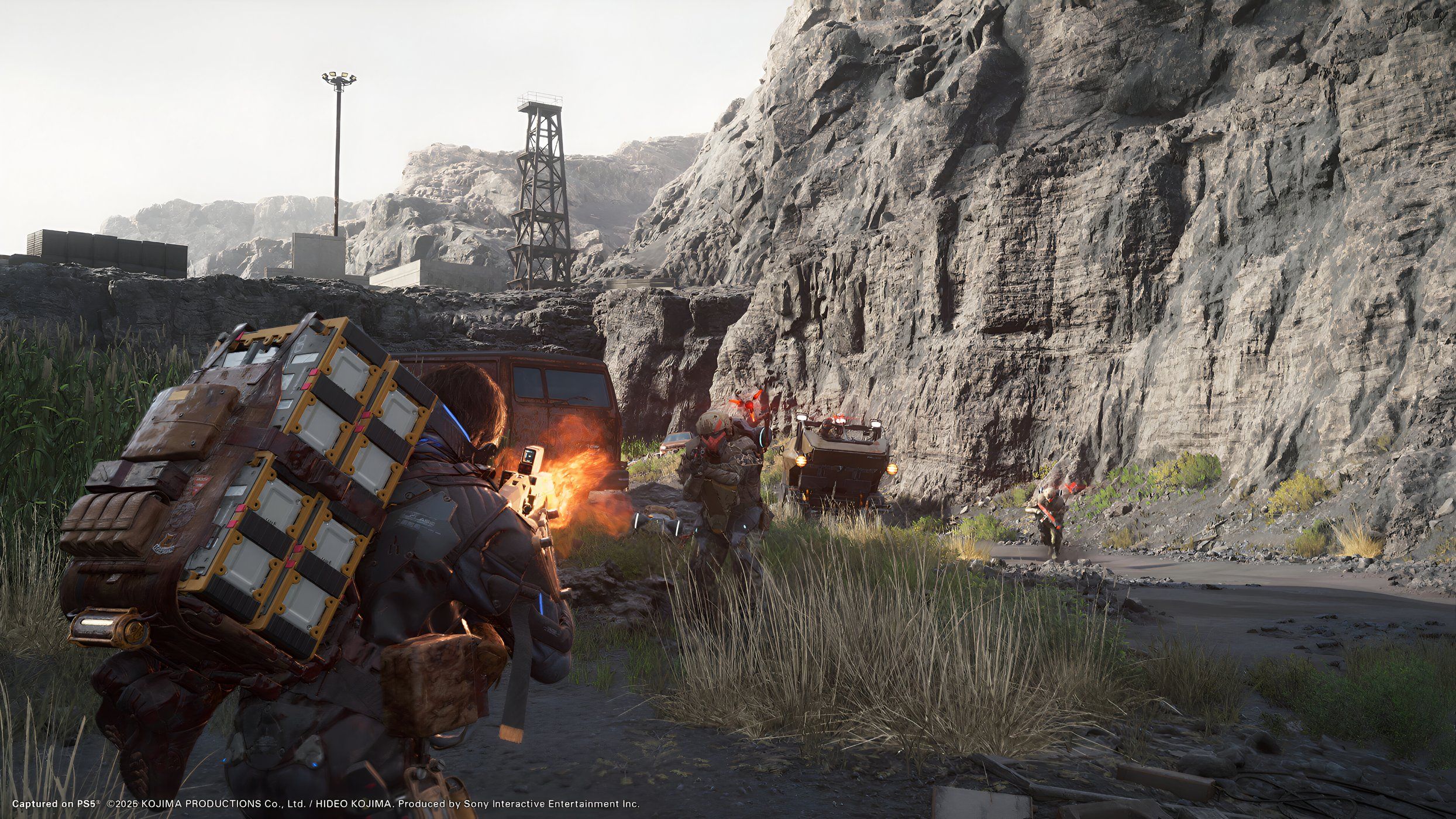 An image from the game Death Stranding 2: On The Beach, showing Sam in combat.