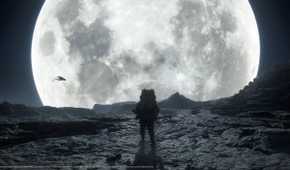 An image from the game Death Stranding 2: On The Beach, showing Sam's silhoutte against a huge, bright white moon.