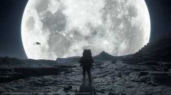 An image from the game Death Stranding 2: On The Beach, showing Sam's silhoutte against a huge, bright white moon.