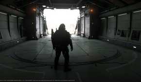 An image from the game Death Stranding 2: On The Beach, showing Sam's silhouette against an airplane hangar.