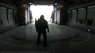 An image from the game Death Stranding 2: On The Beach, showing Sam's silhouette against an airplane hangar.