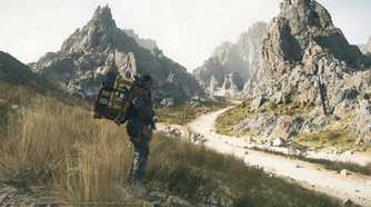 An image from the game Death Stranding 2: On The Beach, showing Sam Porter Bridges carrying a huge load on his back.