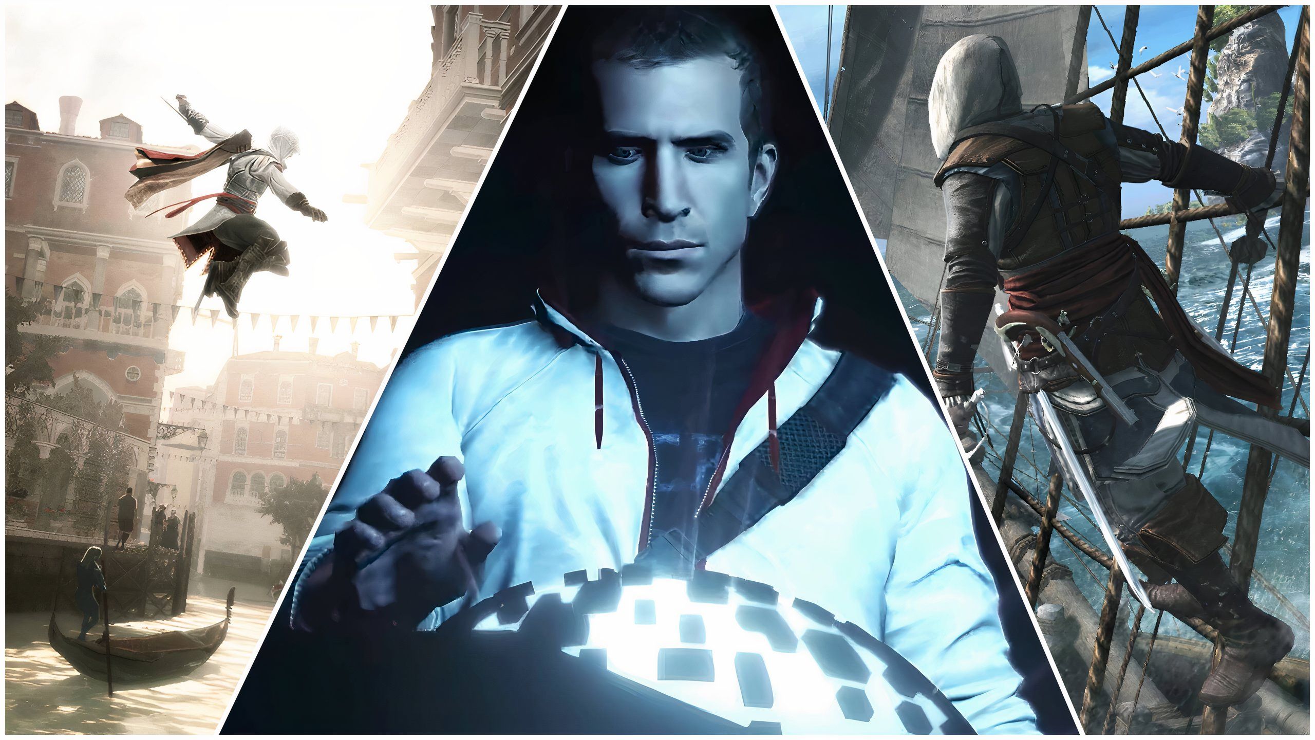 An image of Ezio Auditore, Desmond Miles, and Edward Kenway, from the Assassin's Creed franchise.