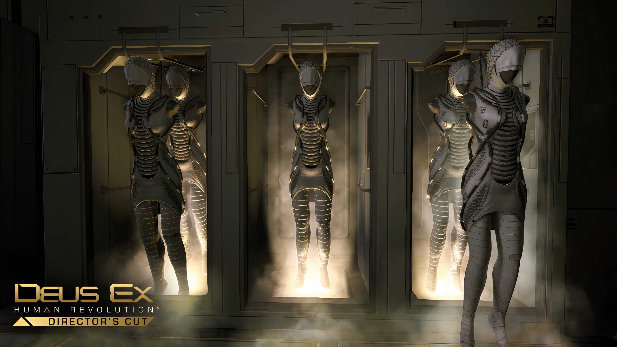 An image from the game Deus Ex: Human Revolution, showing multiple people trapped in pods.
