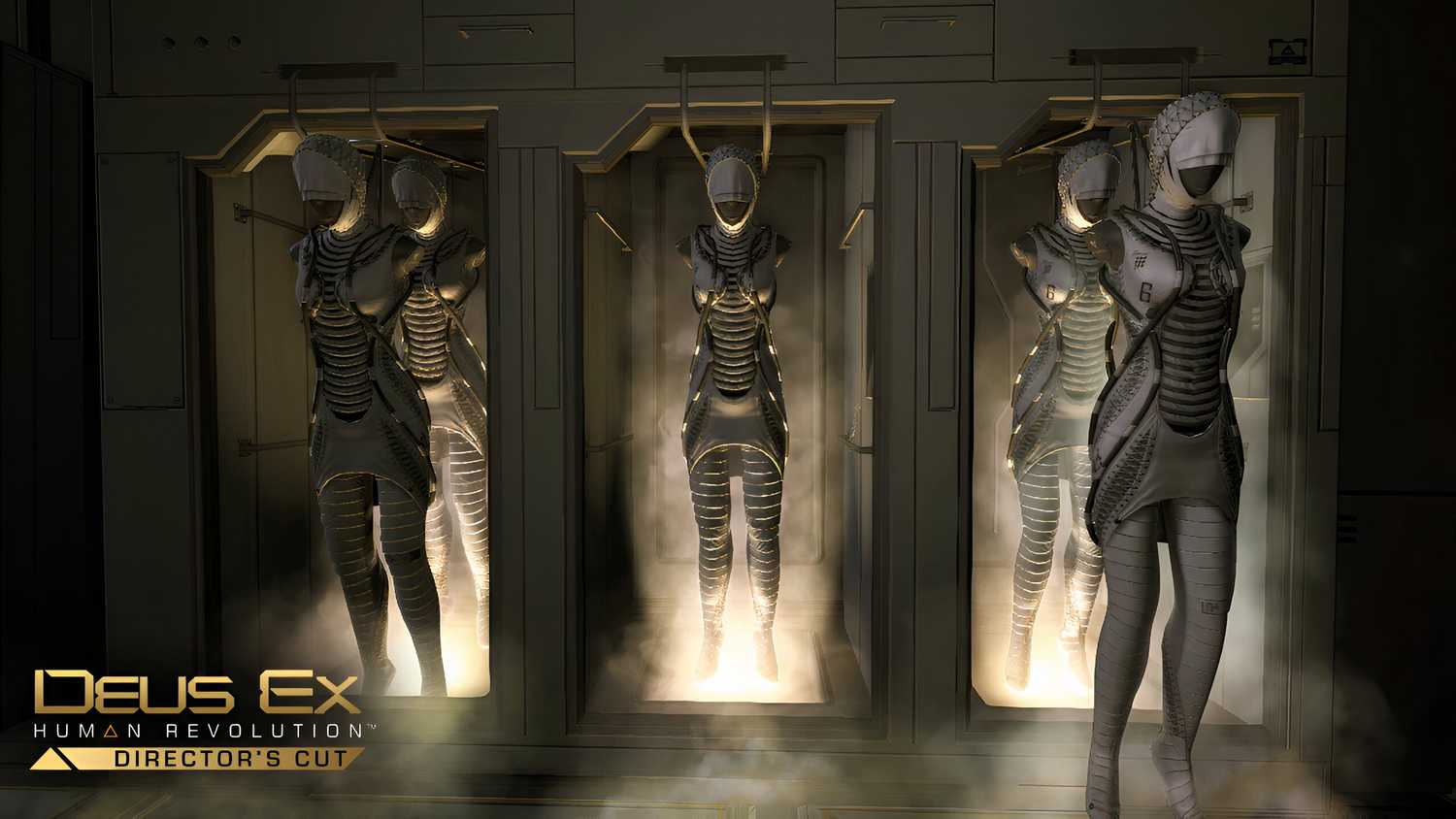 An image from the game Deus Ex: Human Revolution, showing multiple people trapped in pods.
