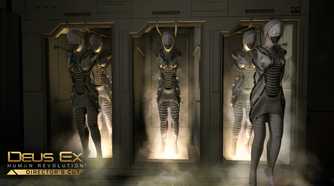 An image from the game Deus Ex: Human Revolution, showing multiple people trapped in pods.