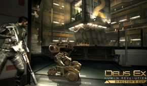 An image from the game Deus Ex: Human Revolution, showing Adam Jensen holding a sniper in cover.