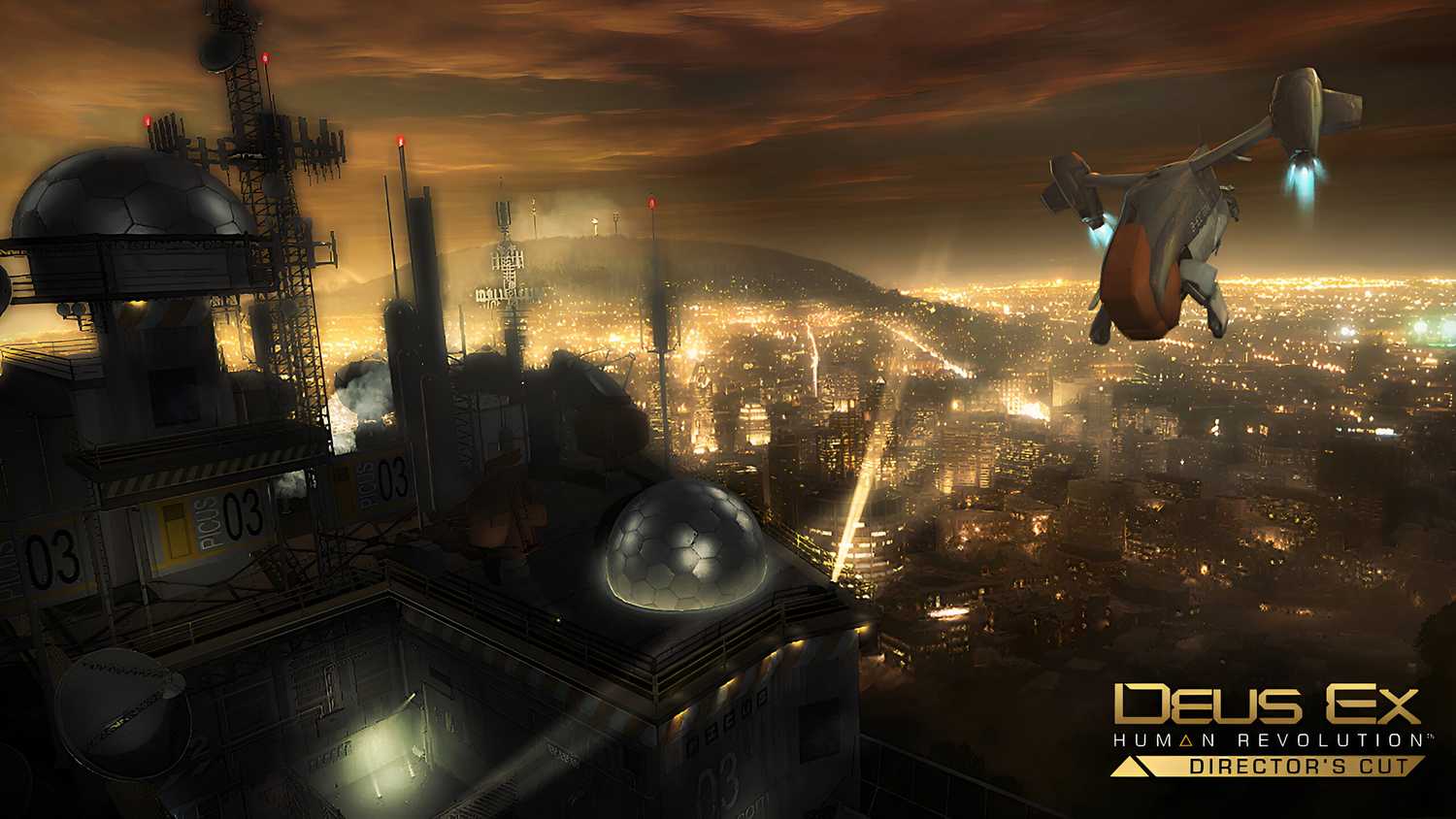 An image from the game Deus Ex: Human Revolution, showing a futuristic city bathed in golden lights.