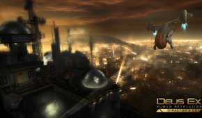 An image from the game Deus Ex: Human Revolution, showing a futuristic city bathed in golden lights.