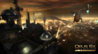 An image from the game Deus Ex: Human Revolution, showing a futuristic city bathed in golden lights.