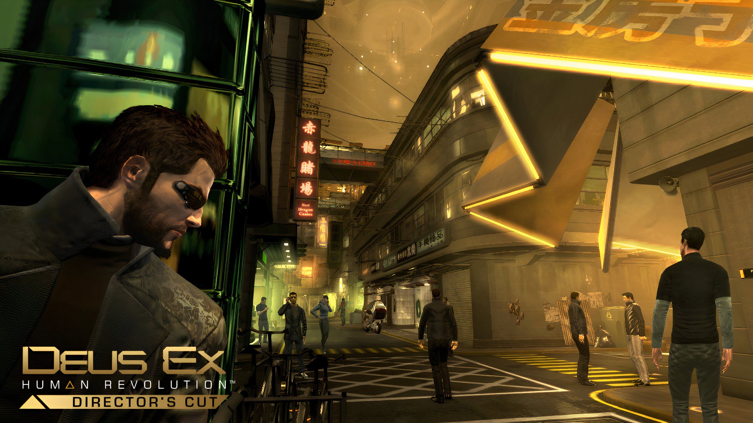 An image from the game Deus Ex: Human Revolution, showing Adam Jensen taking cover against a wall inside the district of Hengsha.