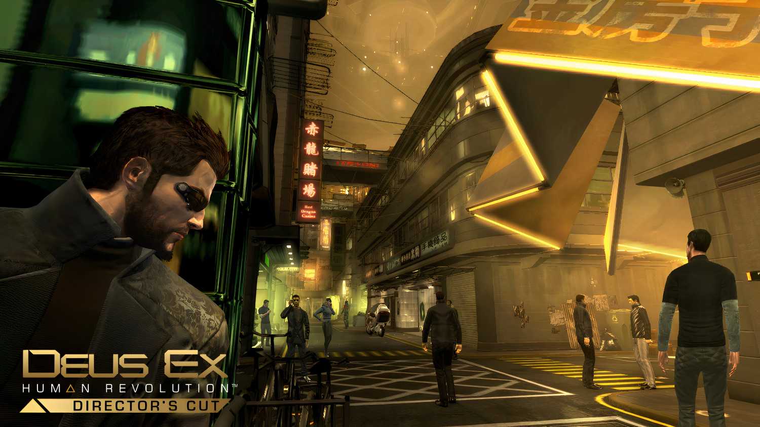 An image from the game Deus Ex: Human Revolution, showing Adam Jensen taking cover against a wall inside the district of Hengsha.