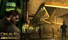An image from the game Deus Ex: Human Revolution, showing Adam Jensen taking cover against a wall inside the district of Hengsha.