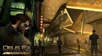 An image from the game Deus Ex: Human Revolution, showing Adam Jensen taking cover against a wall inside the district of Hengsha.