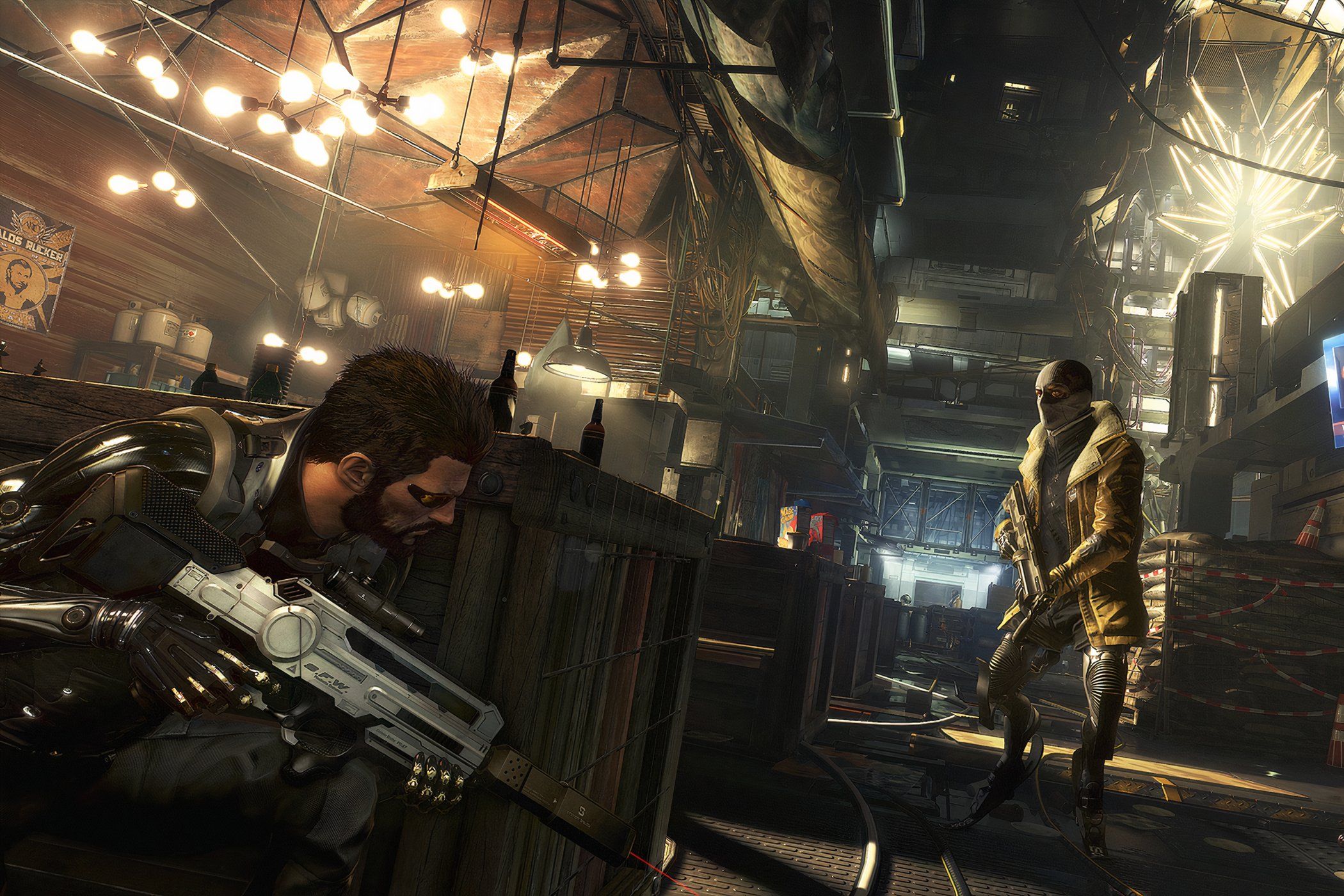A screenshot from the game Deus Ex: Mankind Divided, showing the player crouching behind cover as a hostile searches for them.