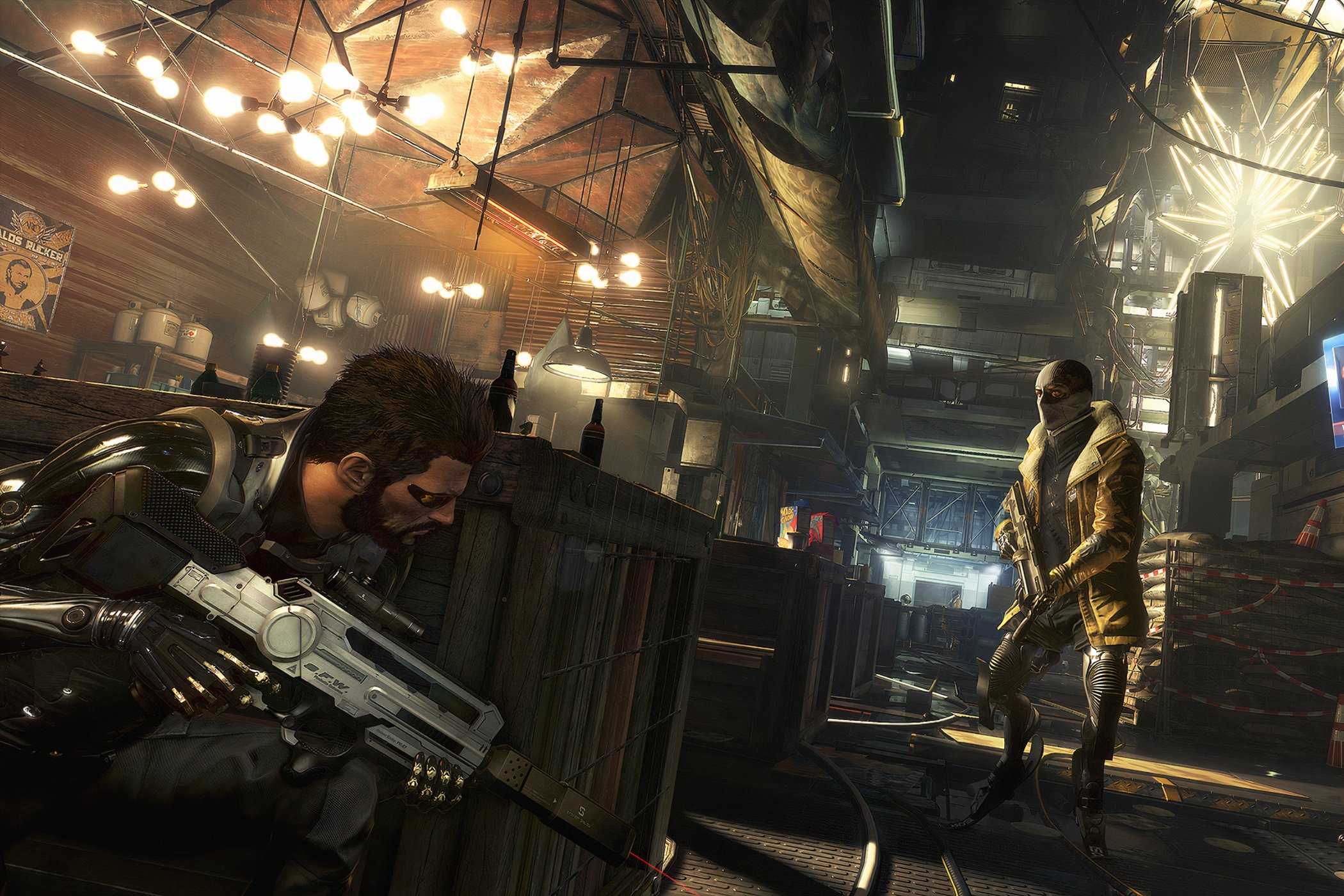 A screenshot from the game Deus Ex: Mankind Divided, showing the player crouching behind cover as a hostile searches for them.