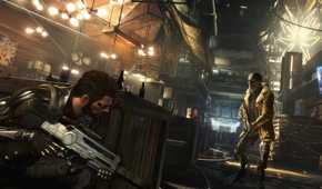 A screenshot from the game Deus Ex: Mankind Divided, showing the player crouching behind cover as a hostile searches for them.