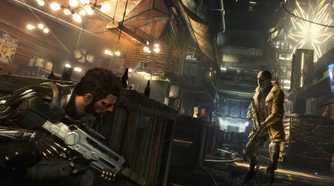 A screenshot from the game Deus Ex: Mankind Divided, showing the player crouching behind cover as a hostile searches for them.