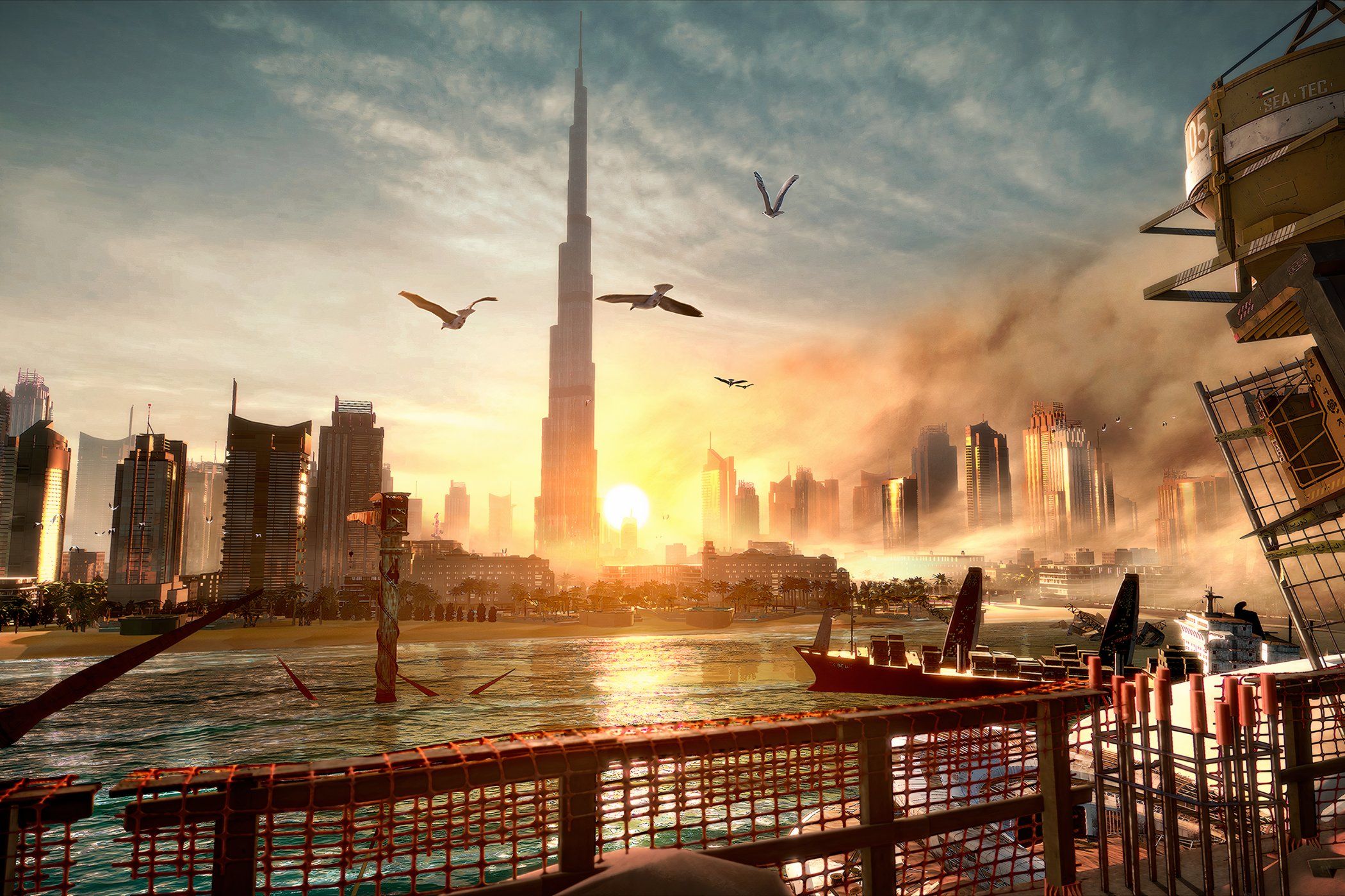 A screenshot from the game Deus Ex: Mankind Divided, showing the Burj Khalifa building in the Dubai skyline. 