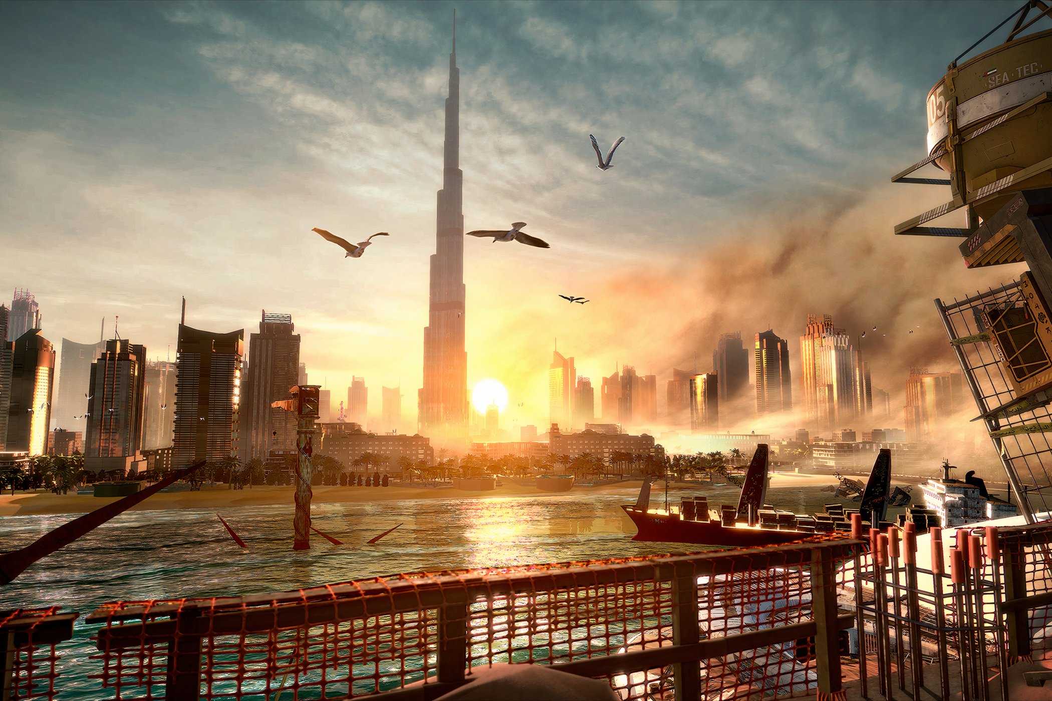 A screenshot from the game Deus Ex: Mankind Divided, showing the Burj Khalifa building in the Dubai skyline.
