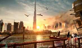 A screenshot from the game Deus Ex: Mankind Divided, showing the Burj Khalifa building in the Dubai skyline.