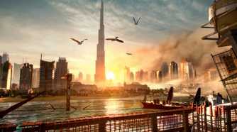 A screenshot from the game Deus Ex: Mankind Divided, showing the Burj Khalifa building in the Dubai skyline.
