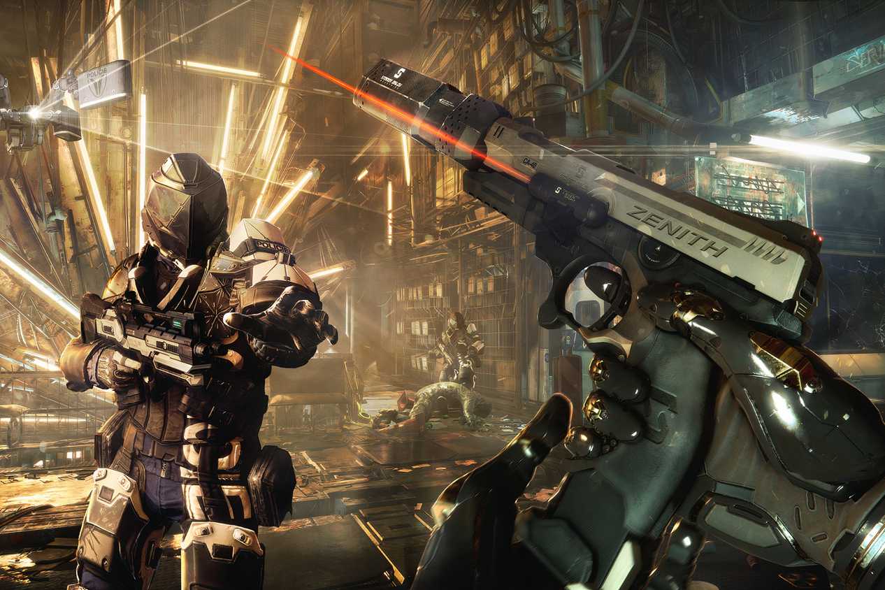 A screenshot from the game Deus Ex: Mankind Divided, showing the player reloading their pistol and aiming at a guard.