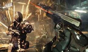 A screenshot from the game Deus Ex: Mankind Divided, showing the player reloading their pistol and aiming at a guard.