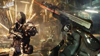 A screenshot from the game Deus Ex: Mankind Divided, showing the player reloading their pistol and aiming at a guard.