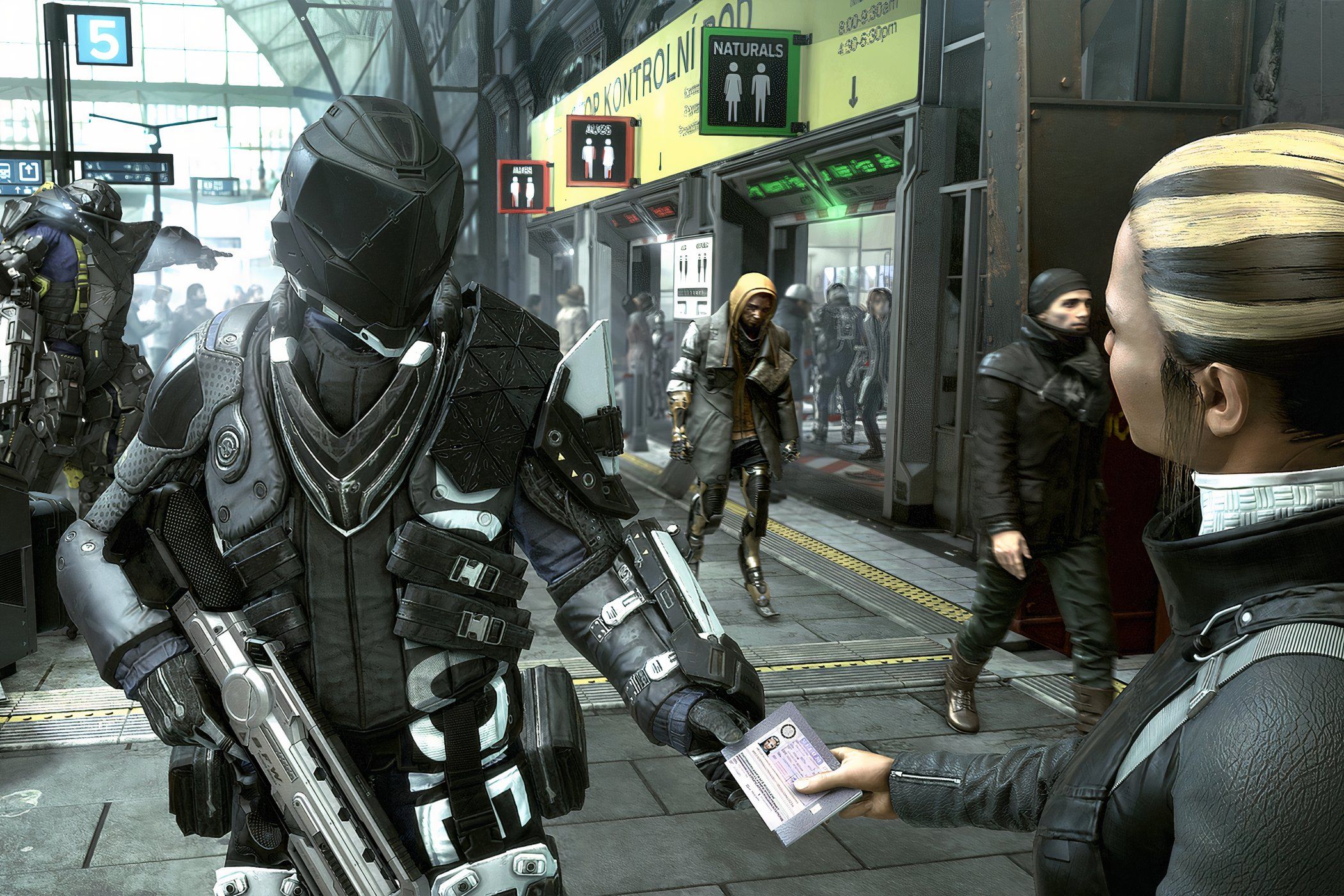 A screenshot from the game Deus Ex: Mankind Divided, showing a guard checking someone's passport in the city of Prague, 2029.