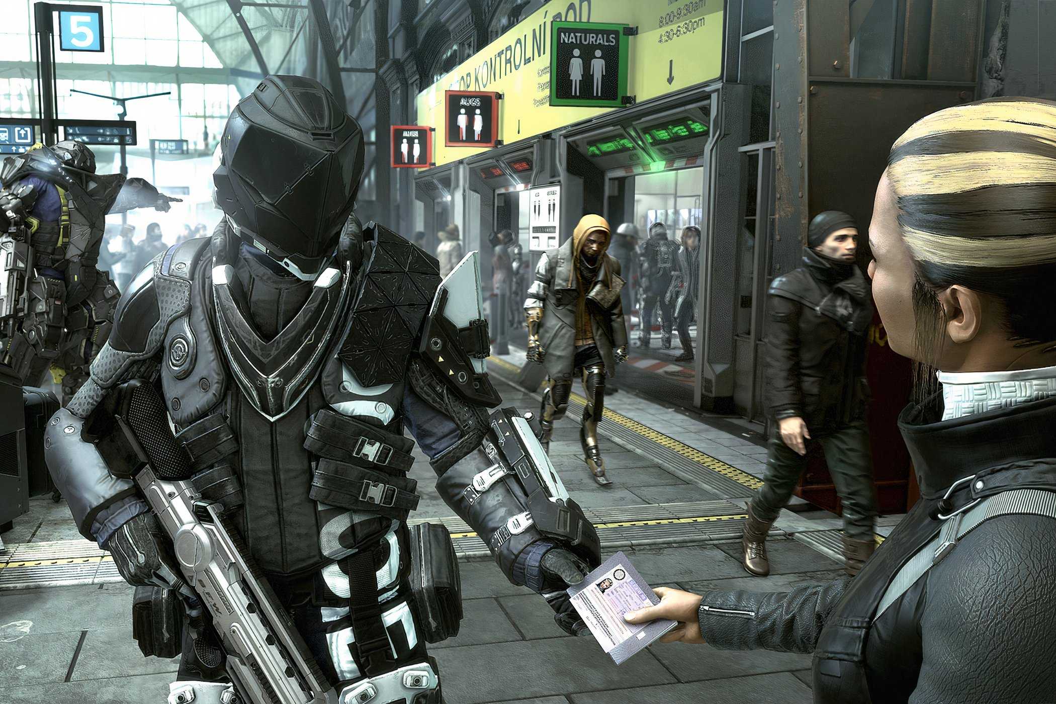 A screenshot from the game Deus Ex: Mankind Divided, showing a guard checking someone's passport in the city of Prague, 2029.