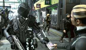 A screenshot from the game Deus Ex: Mankind Divided, showing a guard checking someone's passport in the city of Prague, 2029.