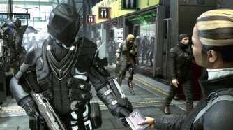 A screenshot from the game Deus Ex: Mankind Divided, showing a guard checking someone's passport in the city of Prague, 2029.