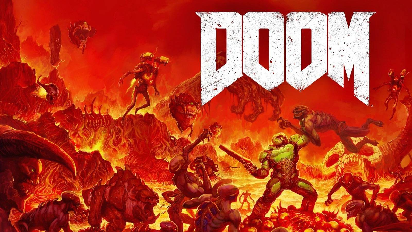 Doom guys in fiery pit fighting demons.