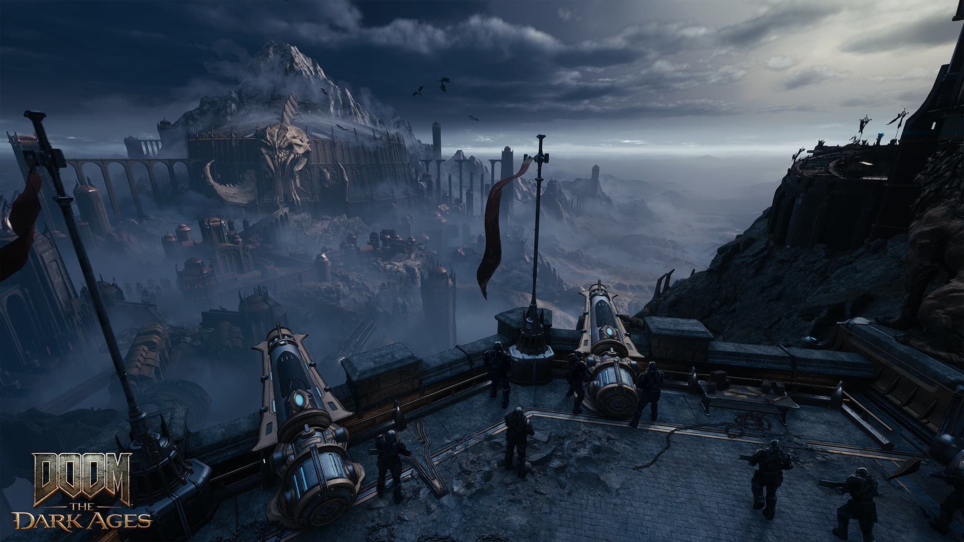 A look at a fortress in the background of a war-torn battlefield in Doom: The Dark Ages.