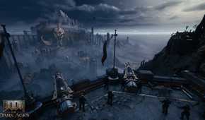 A look at a fortress in the background of a war-torn battlefield in Doom: The Dark Ages.