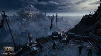 A look at a fortress in the background of a war-torn battlefield in Doom: The Dark Ages.