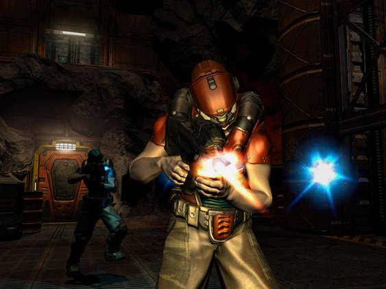 Two gunman walking through rocky cavern with doors.