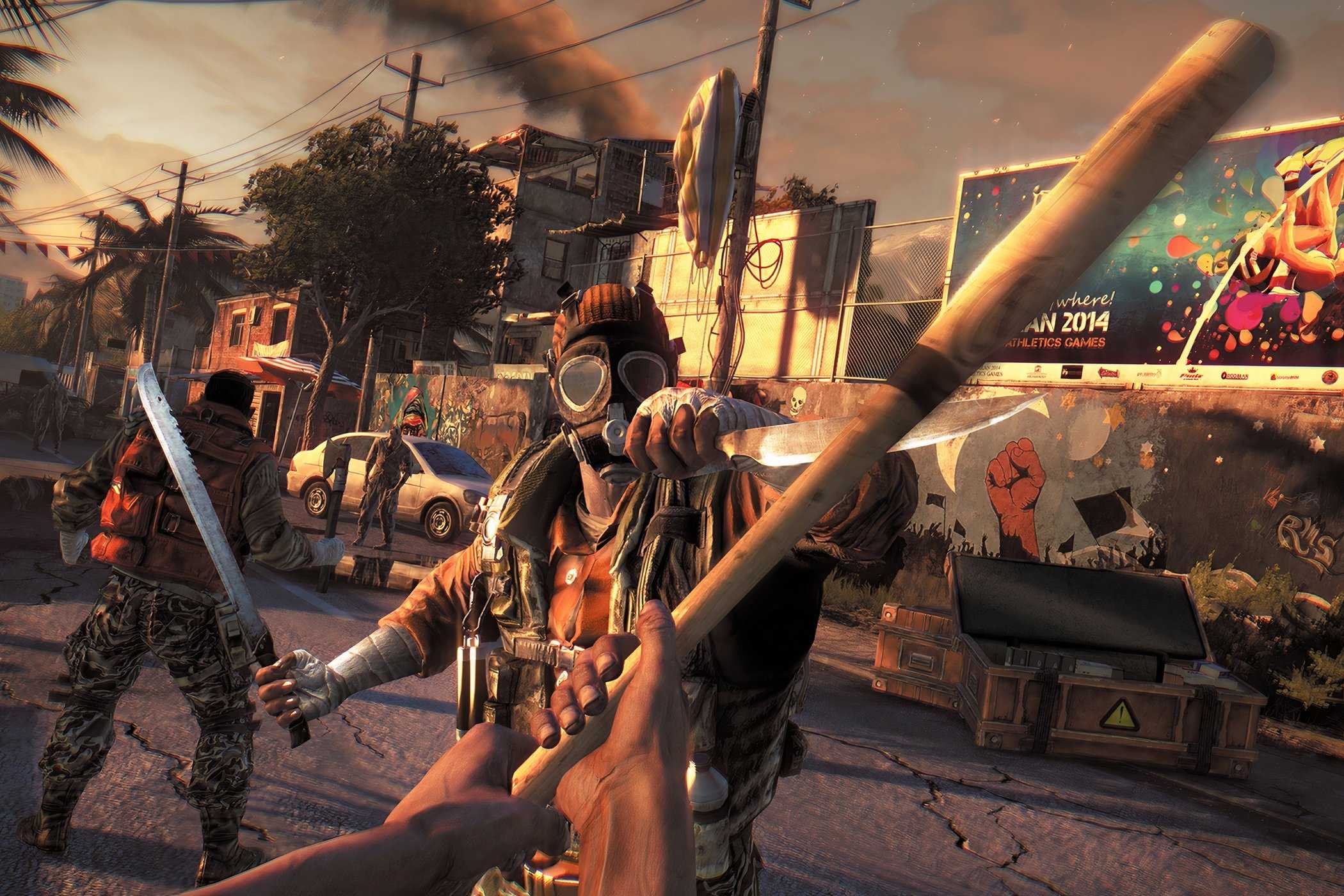 A screenshot from Dying Light, showing the player wielding a wooden bat against an enemy.
