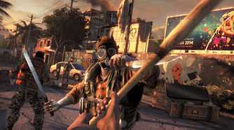 A screenshot from Dying Light, showing the player wielding a wooden bat against an enemy.