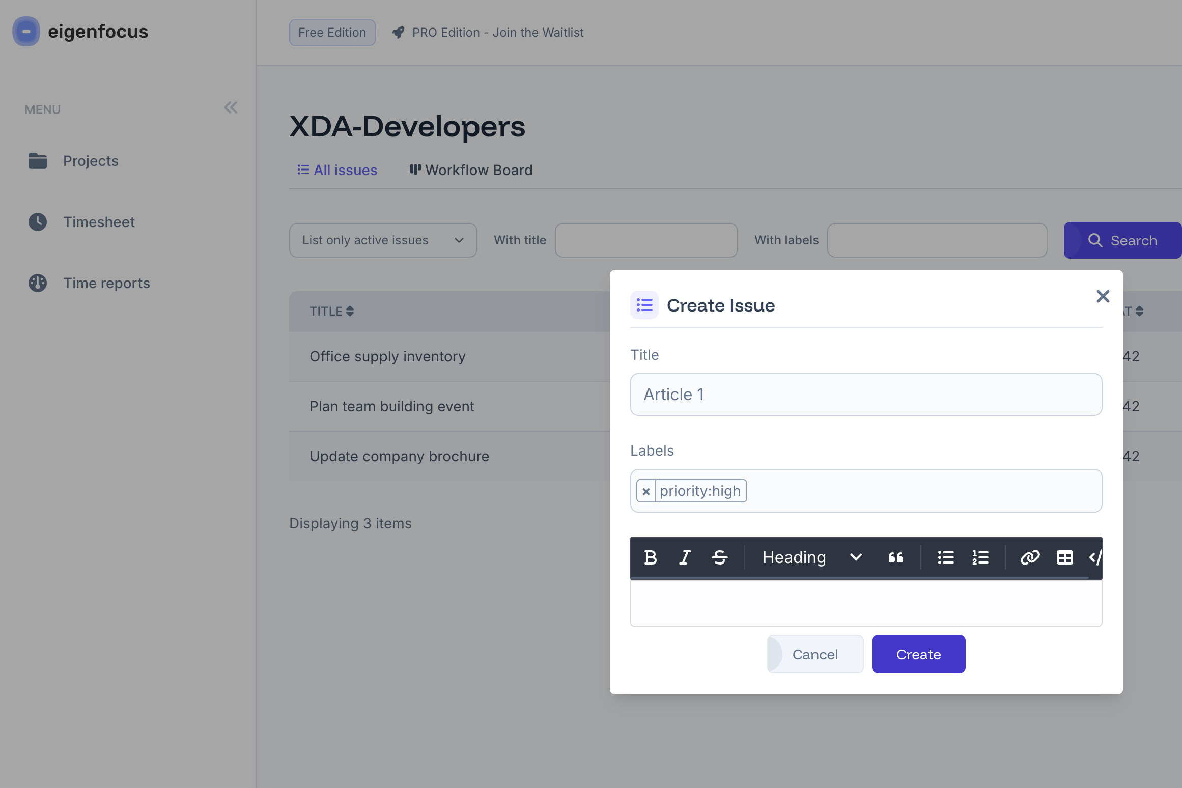 Eigenfocus - issue creation