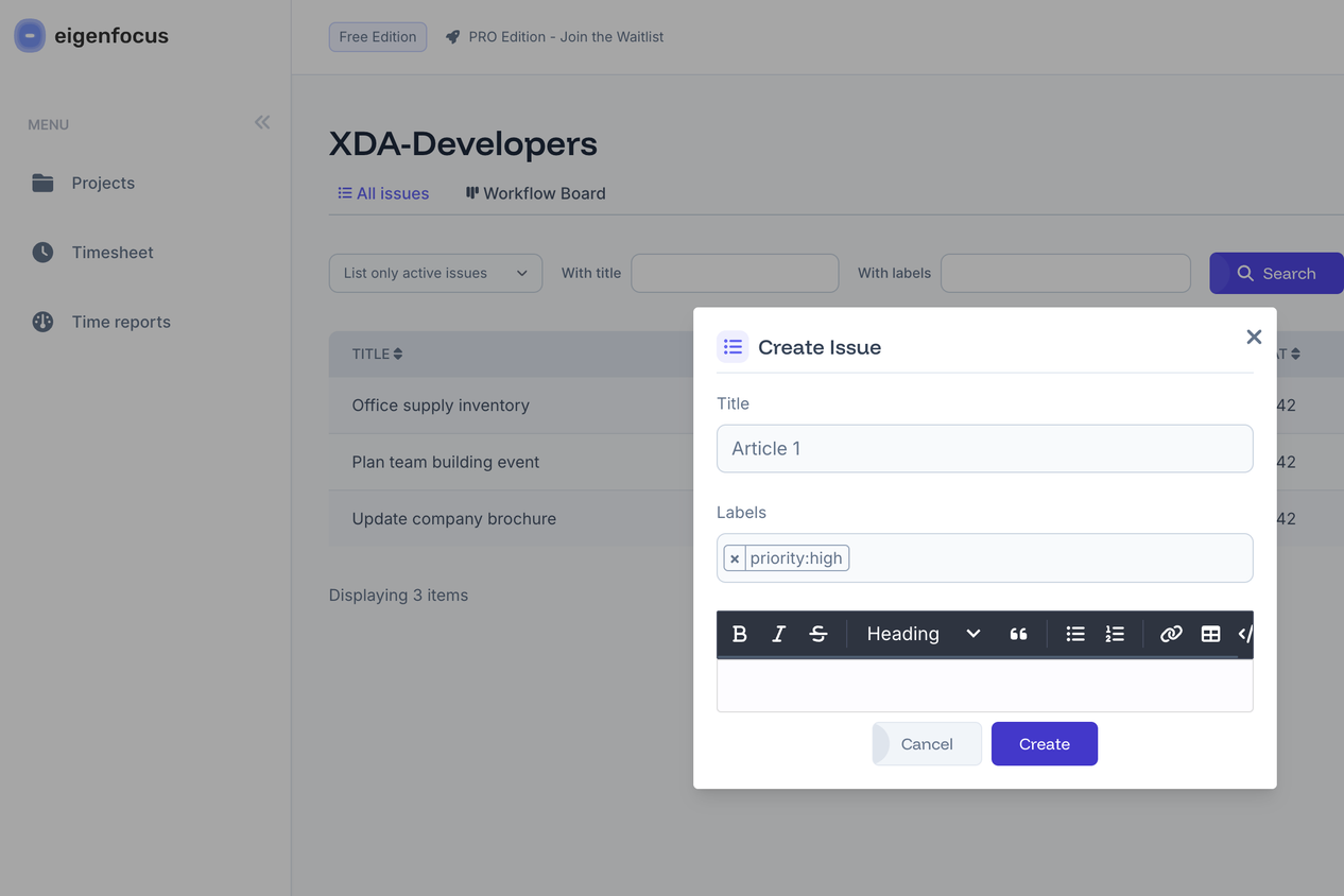 Eigenfocus - issue creation