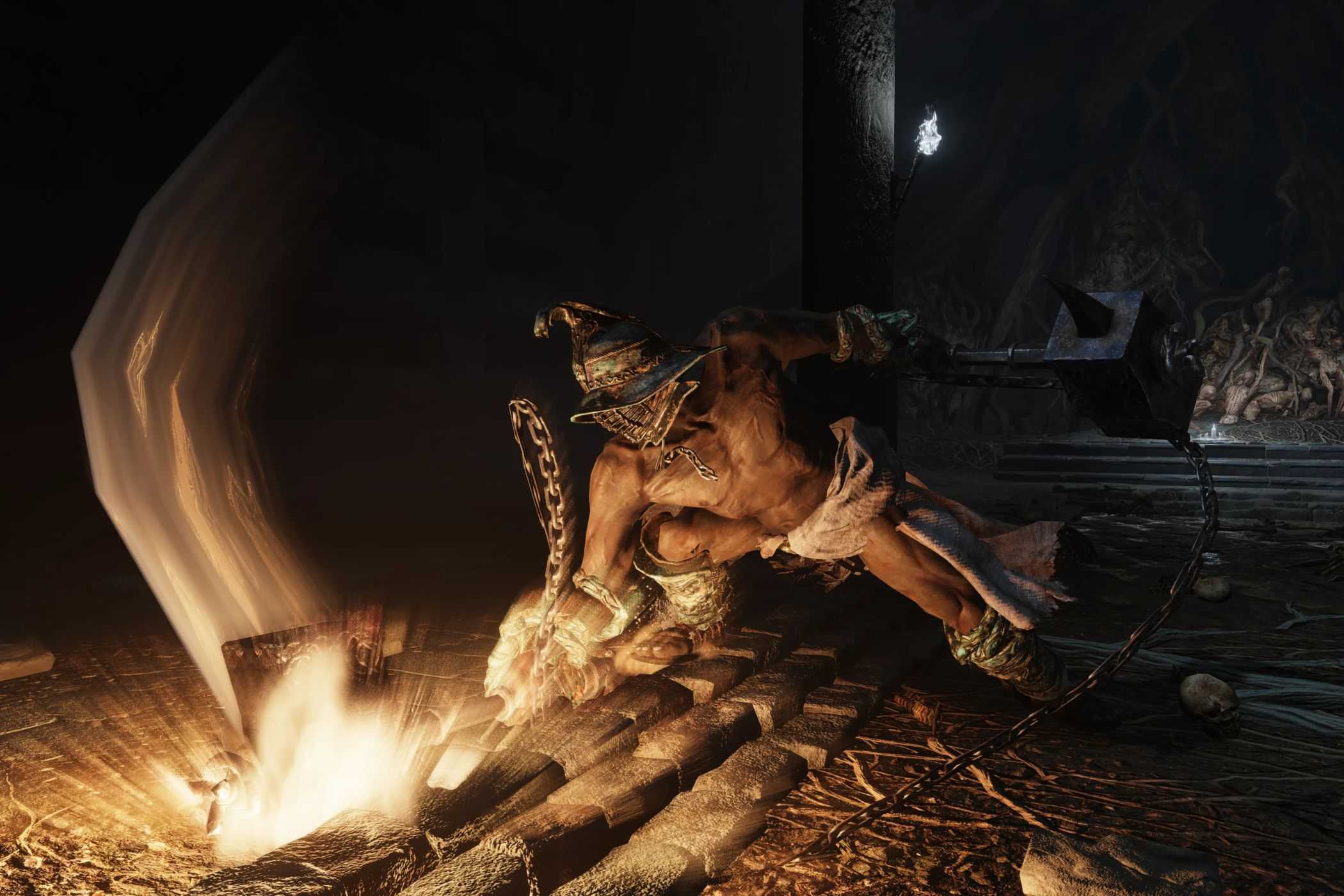 Elden Ring Grave Warden Duelist slamming hammer