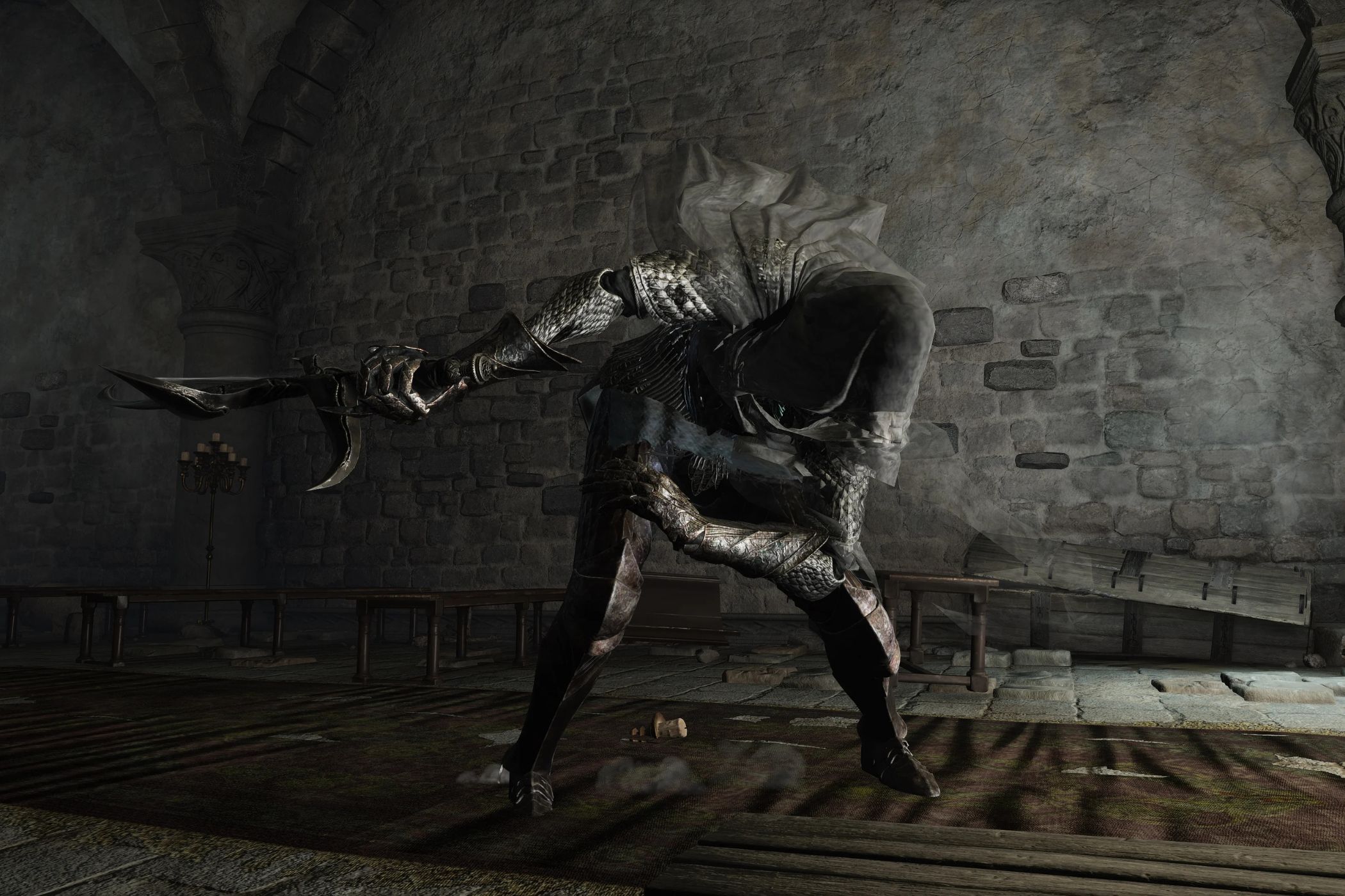 Elden Ring Black Knife Assassin bowing in dungeon