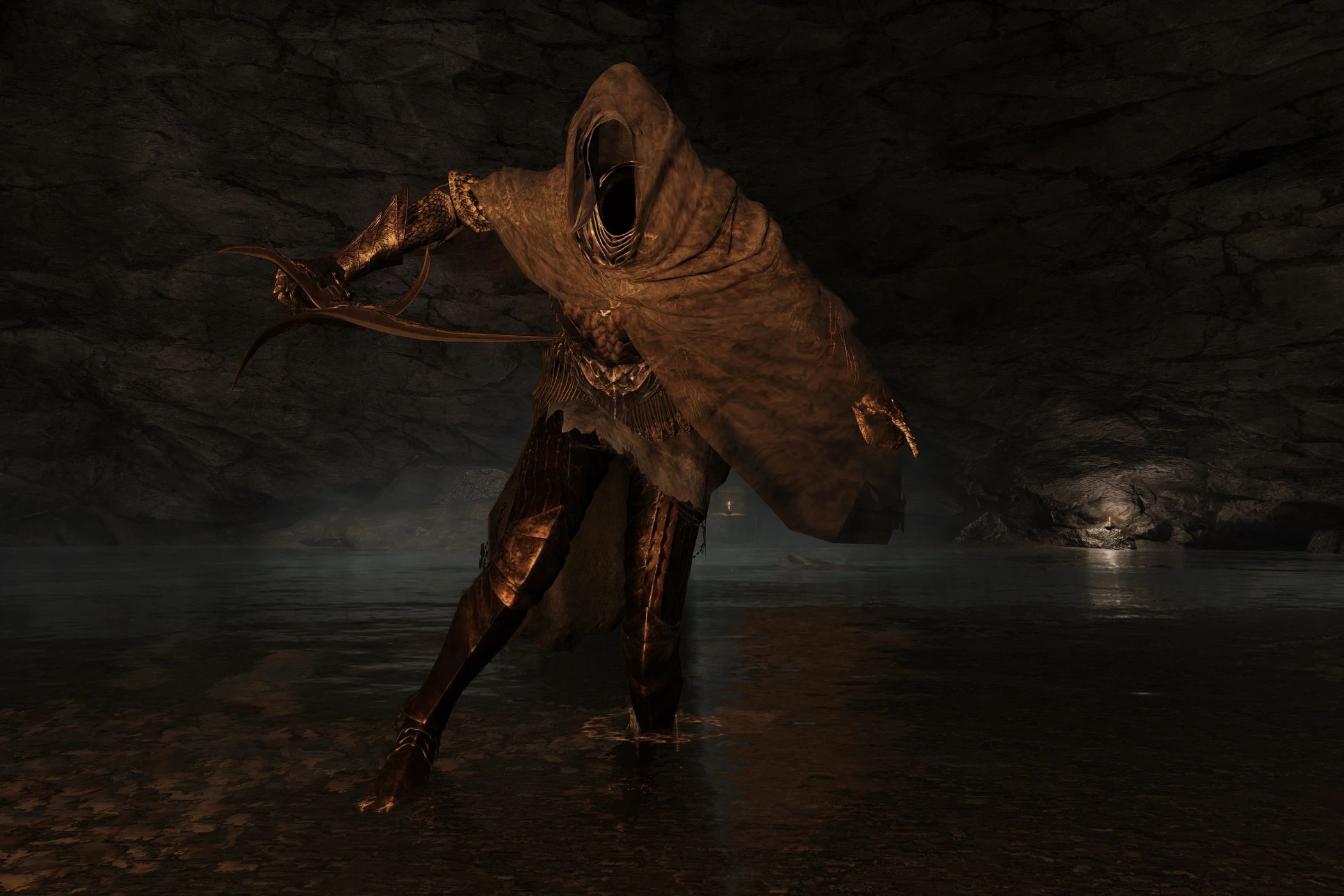 Elden Ring Black Knife Assassin dodging in cave