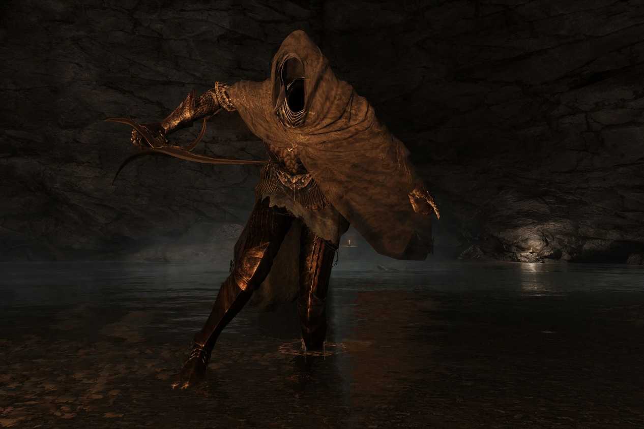 Elden Ring Black Knife Assassin dodging in cave